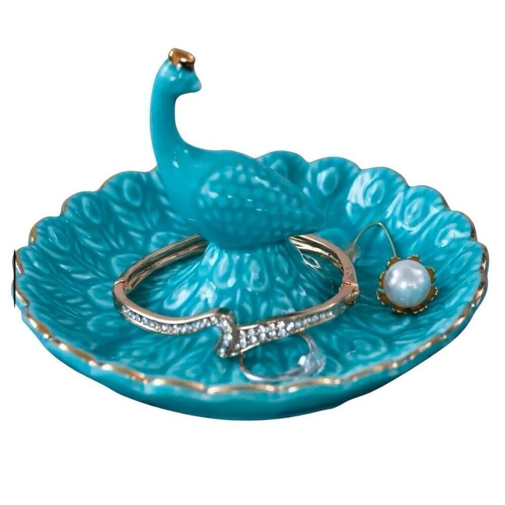 Ceramic Blue Peacock Jewelry Tray For Earrings, Rings, Necklaces And Bracelets